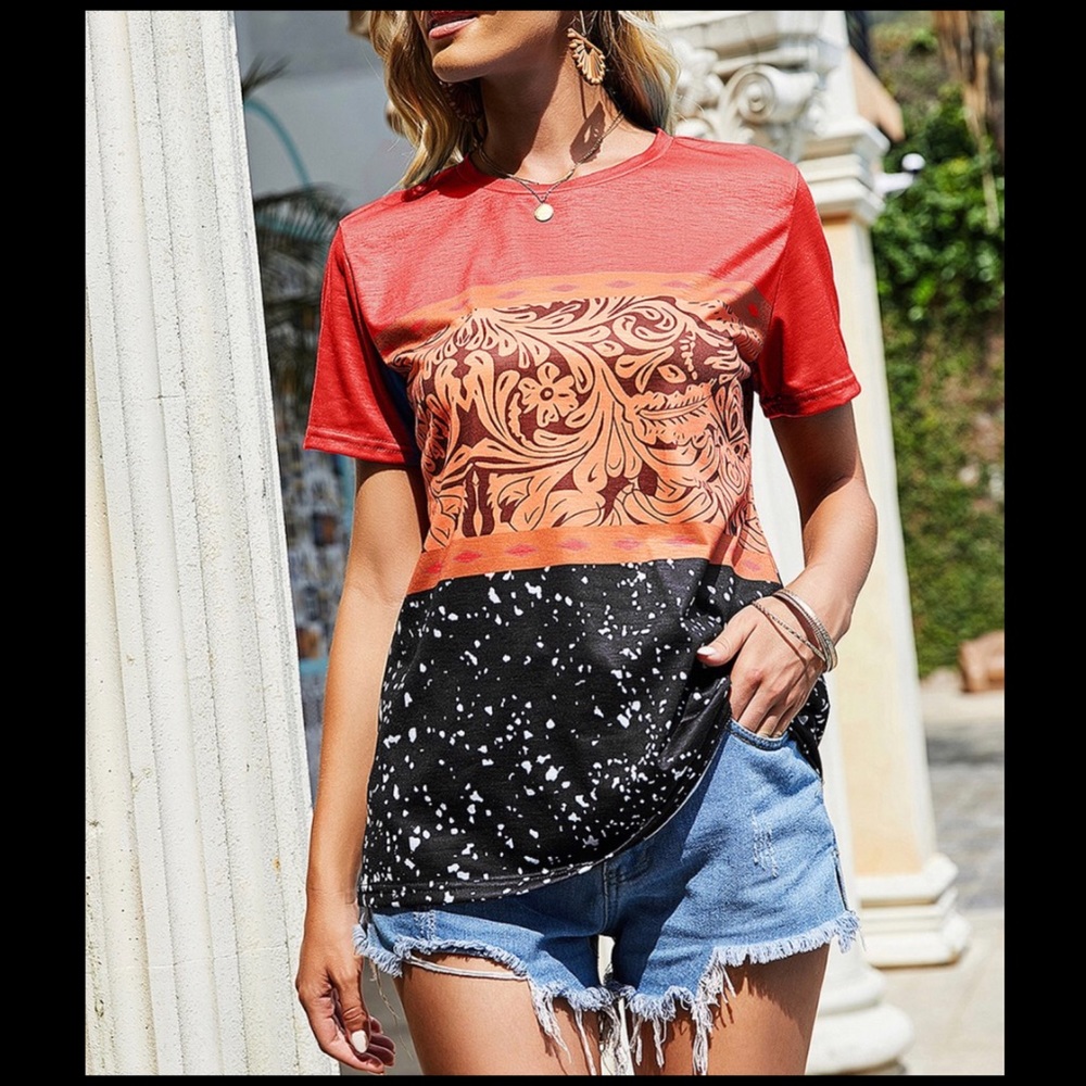 Red Floral Stitch-Print Block Tee